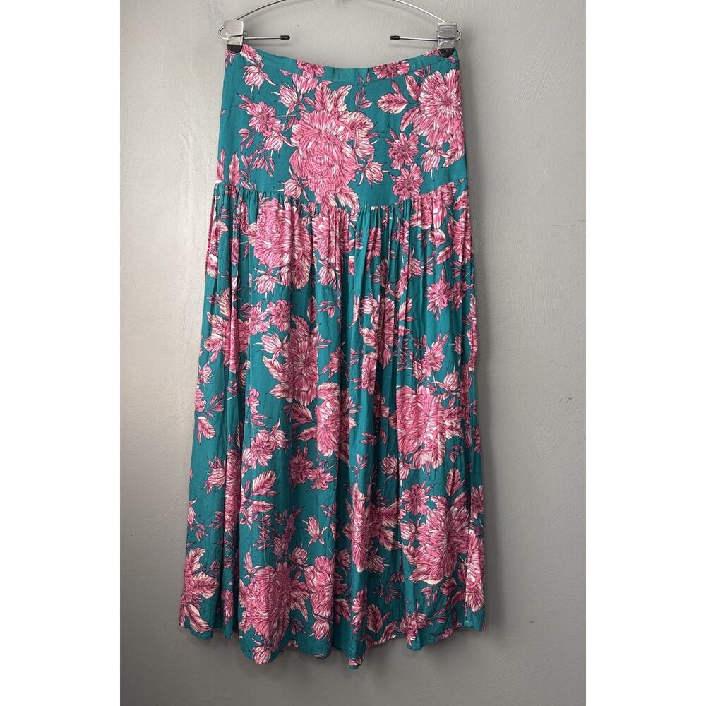 Abel The Label Drop Waist Skirt Size Large Teal Pink Floral Maxi Resort Summer - Picture 2 of 13